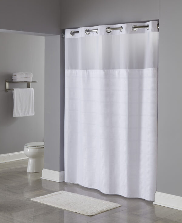 Hookless Alexandria Shower Curtain White 71″ x 77″ Sheer Poly Window Chrome Raised