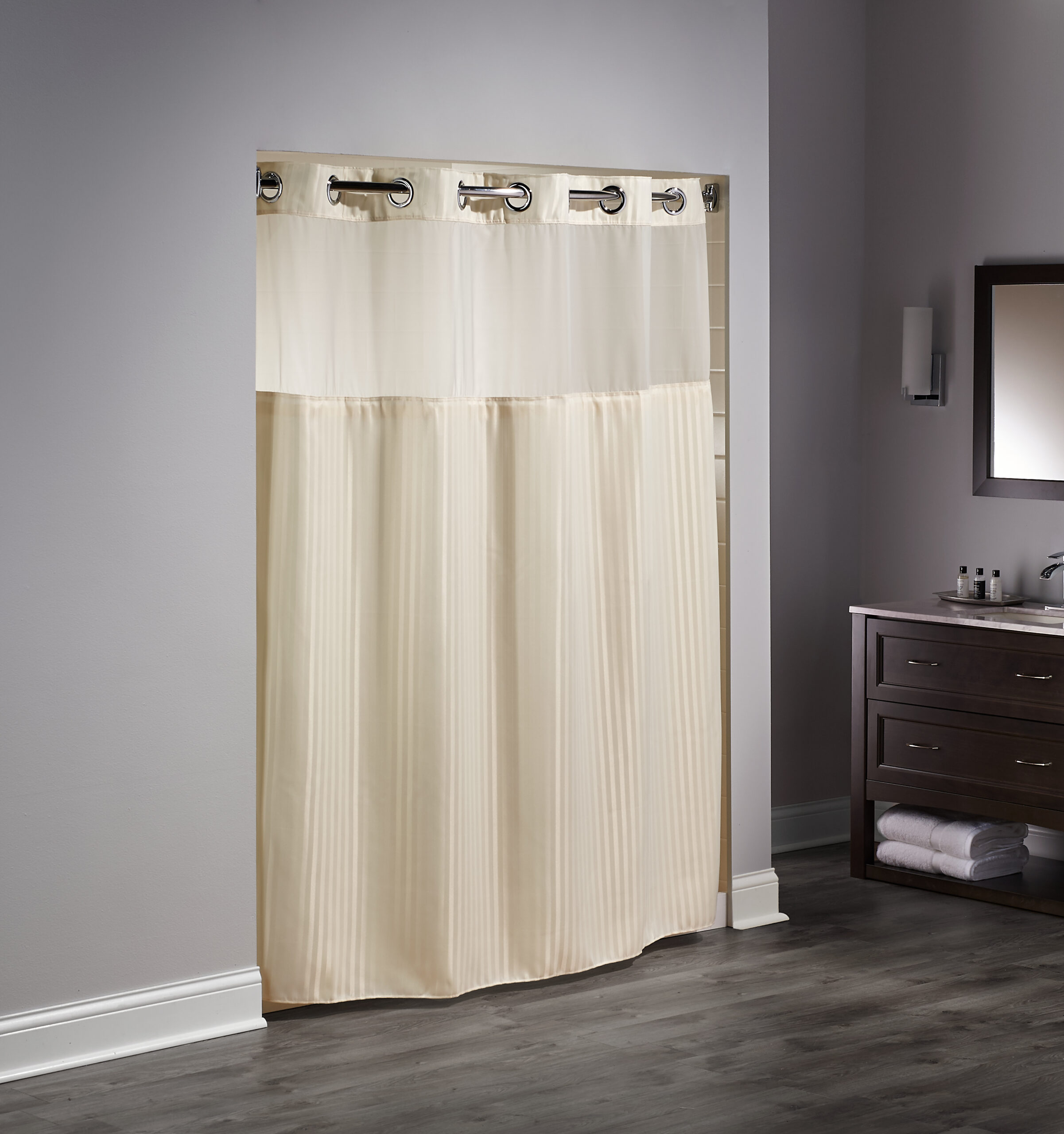 Hookless Double H Shower Curtain Beige 71″ x 77″ Sheer Poly Window