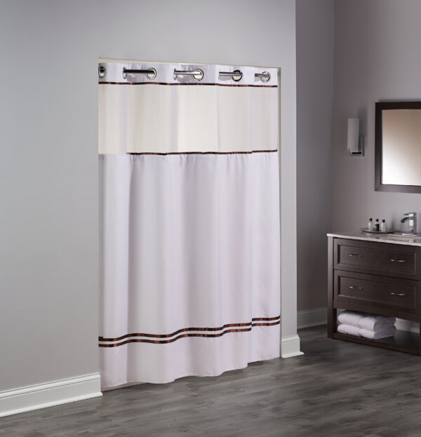 Hookless EscapeWhite/Brown Shower Curtain 71″ x 74″ Sheer Poly Window Chrome Raised