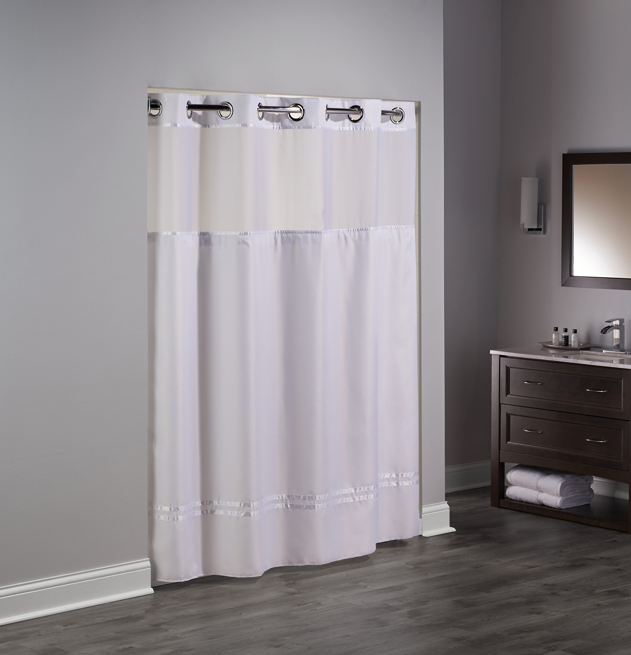 Hookless EscapeWhite Shower Curtain 71″ x 77″ Sheer Poly Window Chrome Raised Flexon