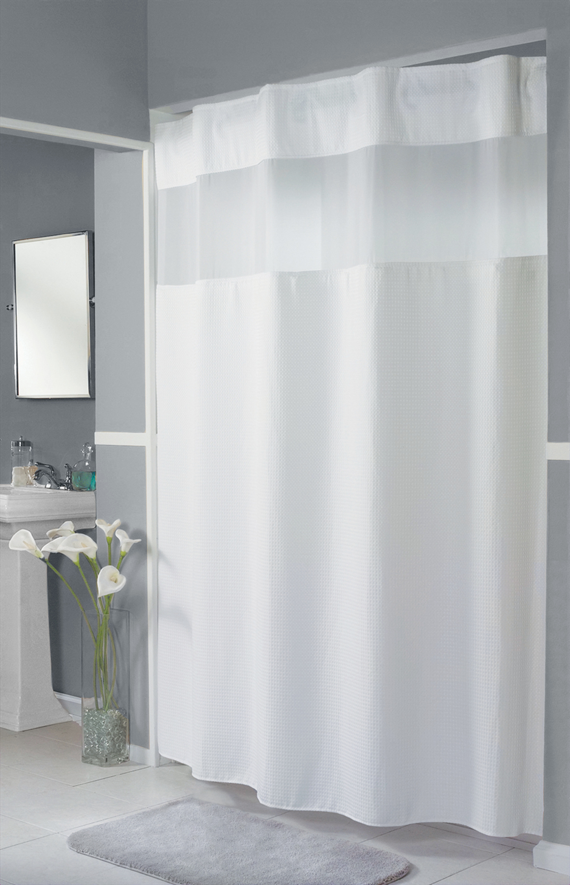 Hookless Mini Waffle Shower Curtain White 71″ x 77″ Sheer Poly